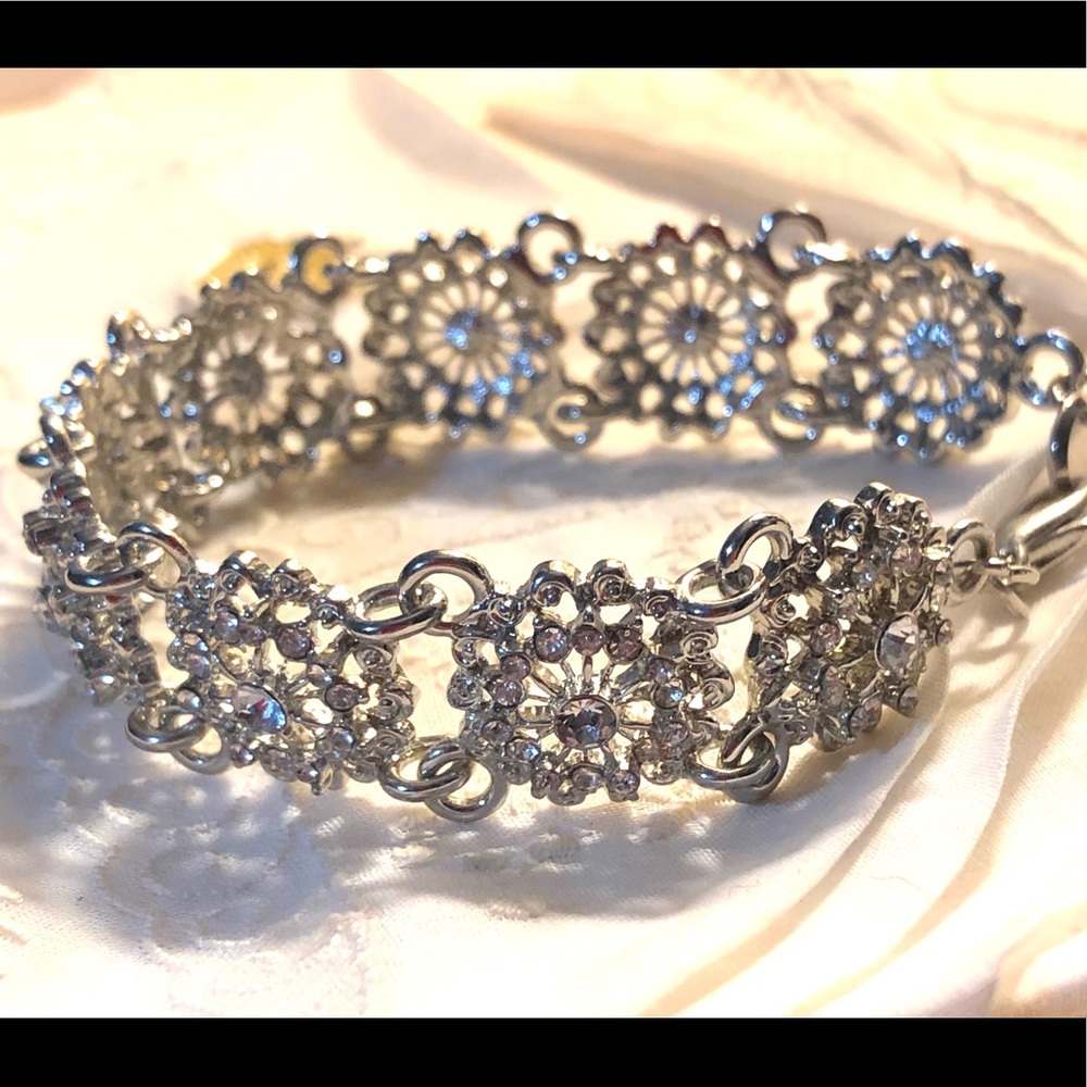 Silver Rhinestone Snowflake Bracelet Formal Semi- Formal Glitz Glam Vintage